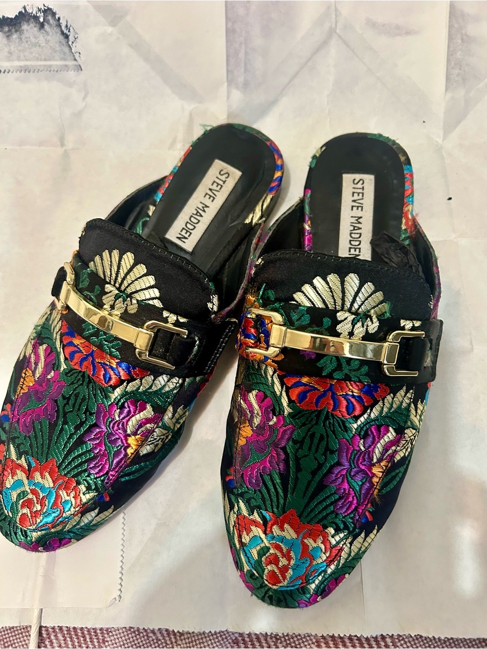 Steve Madden Black Floral Embroidered Slip-On Mules with Gold Accent